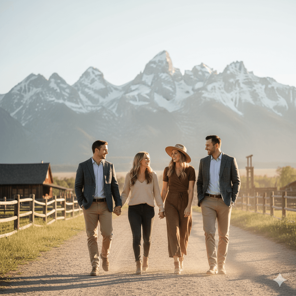 Couples walking together on ranch property with Grand Tetons in background